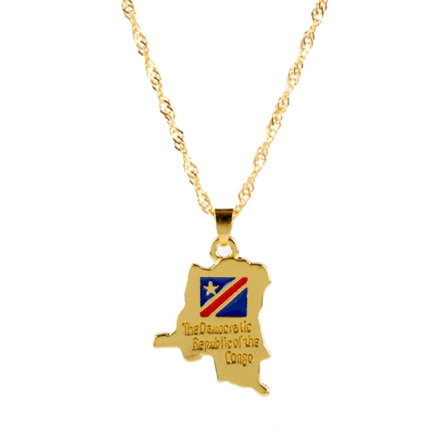 Country Map Flag Metal Gold Chain Necklace For Men Women