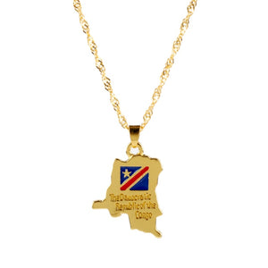 Country Map Flag Metal Gold Chain Necklace For Men Women